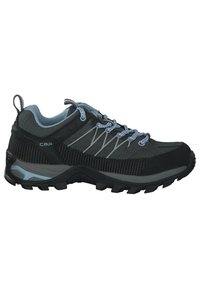 Black and grey hiking shoe featuring mesh and synthetic materials, textured side panels, and a rugged sole with deep treads and blue accents.