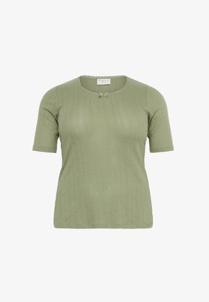 T-shirt à manches courtes en vert pastel, doté d'un col rond et d'un détail en nœud au niveau du col, fabriqué dans un tissu doux.
