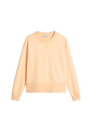 Pfirsichfarbener Pullover mit langen Ärmeln, gerippten Bündchen und Saum. Verfügt über einen Rundhalsausschnitt und Kreuzstich-Details am Ausschnitt. Aus Baumwollmischung.