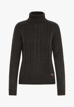 Sötétszürke kötött pulóver magas bordás gallérral, fonott mintával és egy kis bőr logóval a szegélyén.