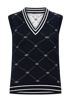 Marineblauwe mouwloze sweatervest met een V-hals en witte gestreepte afwerking. Bevat een geometrisch patroon met witte accenten overal.