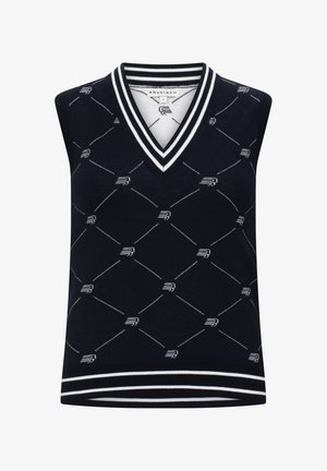 Marineblauwe mouwloze sweatervest met een V-hals en witte gestreepte afwerking. Bevat een geometrisch patroon met witte accenten overal.