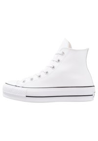 High-top sneakers made of white leather with a textured toe cap, silver eyelets, and a black stripe around the sole. Smooth finish.