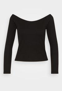 Haut noir à manches longues côtelé avec un design décolleté et une silhouette ajustée. Texture lisse avec un tissu légèrement extensible pour plus de confort.