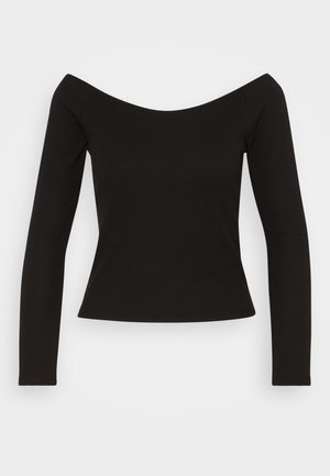 Černý žebrovaný top s dlouhým rukávem a designem bez ramene, s těsným střihem. Hladká textilie s mírně elastickým materiálem pro pohodlí.