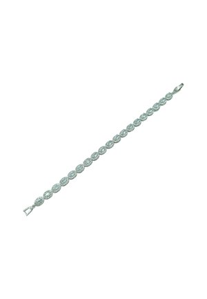 Bracciale d'argento con maglie ovali, ciascuna decorata con gemme trasparenti. Chiusura a morsetto a un'estremità, texture liscia e finitura lucida.