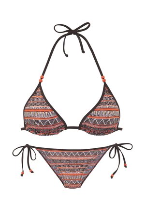 Zweiteiliger Bikini mit orange-, schwarz- und weißfarbenen geometrischen und floralen Mustern, Triangel-Top mit Nacken- und Rückenbändern und seitlich gebundenem Höschen mit Perlen.