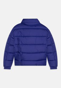 Giacca a vento in un unico blu profondo, caratterizzata da un motivo trapuntato, colletto alto e polsini elasticizzati. Materiale morbido e resistente all'acqua con un design elegante.
