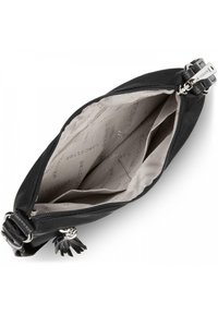 Borsa a tracolla in pelle nera con chiusura a zip, dotata di un interno chiaro, numerosi scomparti e un'aggiunta decorativa a forma di nappina.