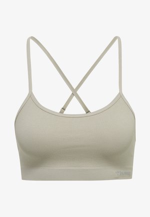 Light gray ribbed bralette with thin, crisscrossing straps and a seamless design. Features a logo printed at the bottom left side.