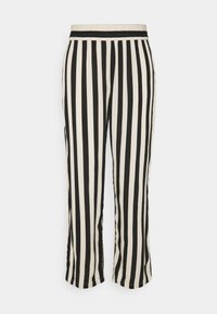 Zwart en crèmekleurig verticaal gestreepte broek met een elastische tailleband en omgeslagen enkels. Gemaakt van lichtgewicht stof.
