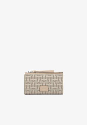 Beige wallet with a geometric pattern, zip closure, a leather accent, and a branded plaque. Made of durable material, compact design.