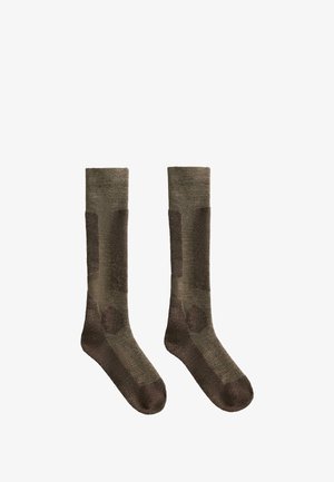 Pair of brown and olive green wool socks with reinforced heel and toe areas, designed for outdoor or hiking use.