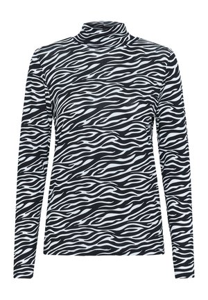 Black and white long-sleeve turtleneck top featuring a wavy zebra stripe pattern, with a smooth texture and fitted design.