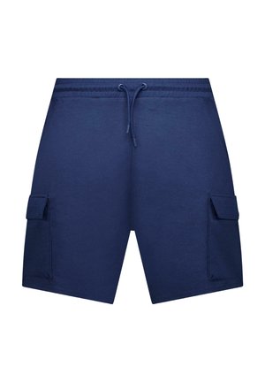 Donkerblauwe casual korte broek met trekkoord in de taille en twee klepzakken aan de zijkant, afgebeeld op een witte achtergrond.