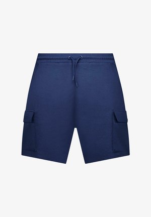 Donkerblauwe casual korte broek met trekkoord in de taille en twee klepzakken aan de zijkant, afgebeeld op een witte achtergrond.