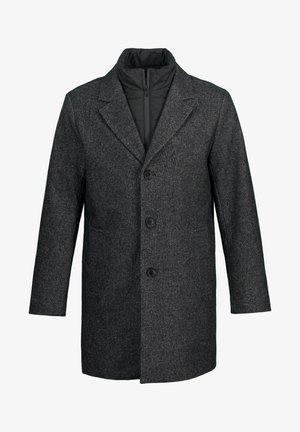 Schwarzer Wollmischmantel mit strukturierter Oberfläche, Reverskragen, drei Knopfverschlüssen und gesteppter Innenauskleidung. Zwei Seitentaschen.