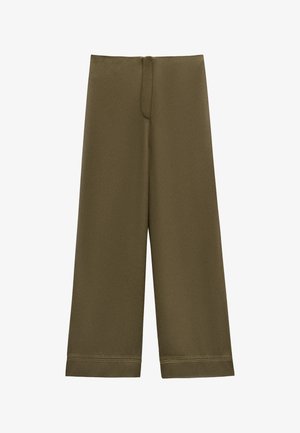 Zielono-oliwkowe spodnie z szerokimi nogawkami wykonane z miękkiego materiału, z czystym pasem i przeszytymi nogawkami dla uzyskania teksturowanego wykończenia.