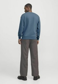 Sudadera azul de manga larga, con puños acanalados y cuello redondo. Combinada con pantalones grises holgados y zapatos negros. Diseño simple y casual.
