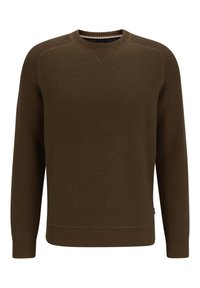 Brown pullover sweater with ribbed accents on shoulders and cuffs, round neck, and a soft texture, featuring a subtle knitted pattern.