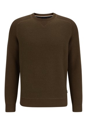 Brauner Pullover mit gerippten Akzenten an den Schultern und Ärmeln, rundem Halsausschnitt und einer weichen Textur, der ein dezentes Strickmuster aufweist.
