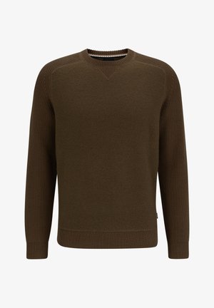 Maglione marrone con dettagli a costine sulle spalle e sui polsini, collo rotondo e una texture morbida, caratterizzato da un sottile motivo lavorato a maglia.