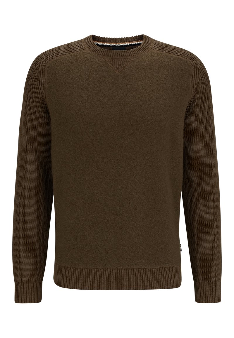 Brown pullover sweater with ribbed accents on shoulders and cuffs, round neck, and a soft texture, featuring a subtle knitted pattern.