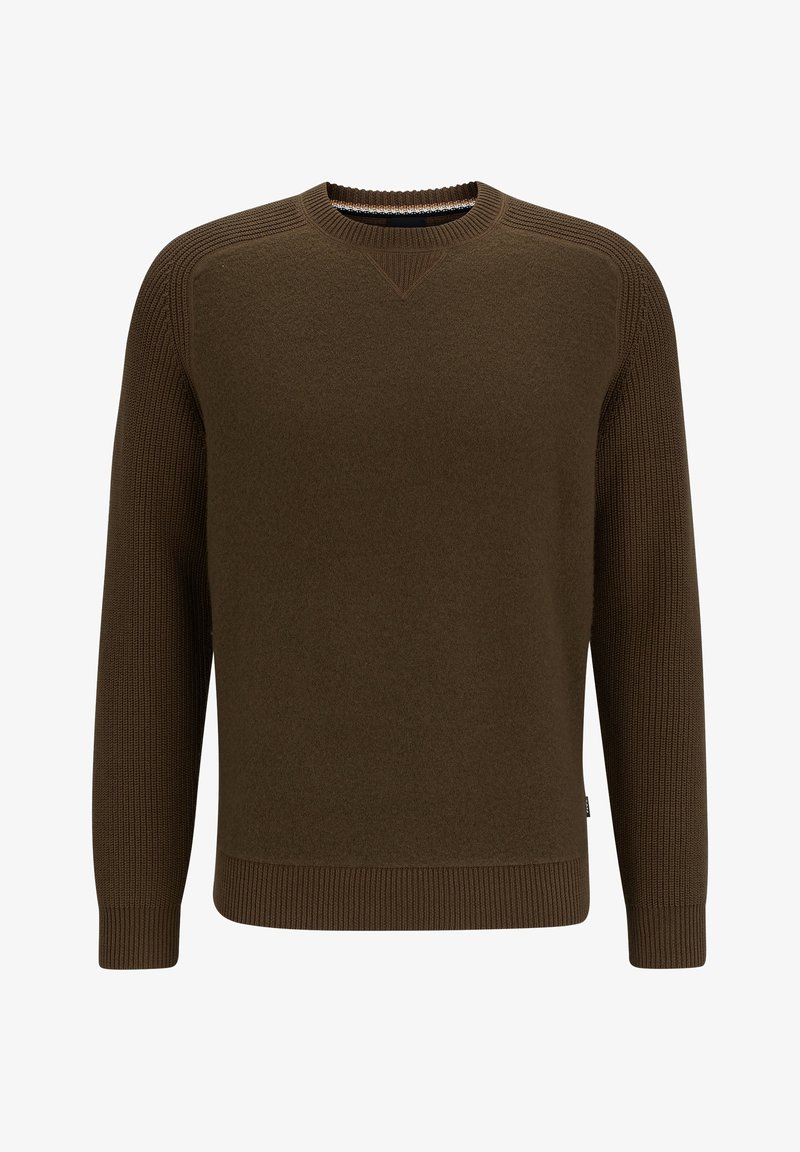 Brown pullover sweater with ribbed accents on shoulders and cuffs, round neck, and a soft texture, featuring a subtle knitted pattern.