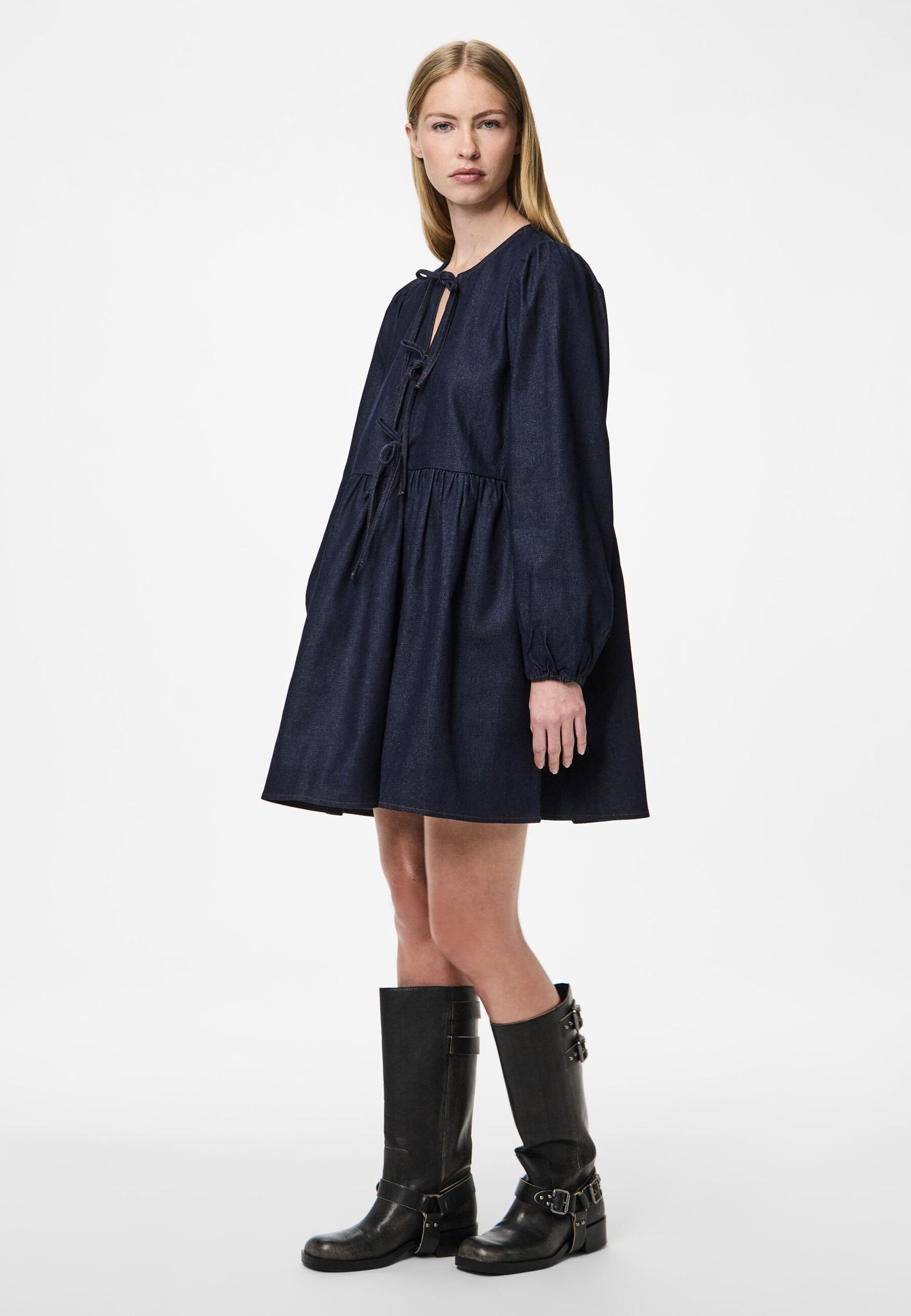 tie neck denim dress