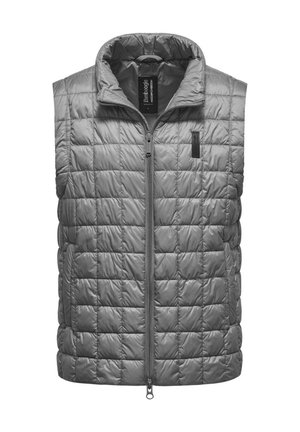 Gilet imbottito grigio senza maniche con chiusura a zip, design trapuntato e colletto alto. Presenta un sottile dettaglio logo sul lato sinistro.