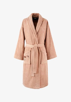 Weicher Frottee-Bademantel in hellem Pfirsich, mit Taillengürtel, Schalkragen, zwei Taschen und besticktem Blumendetail auf einer Tasche.