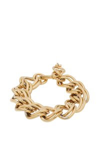 Bracciale in oro con maglie intrecciate, dal finish liscio e lucido. Design elegante con forme e larghezze delle maglie variabili.