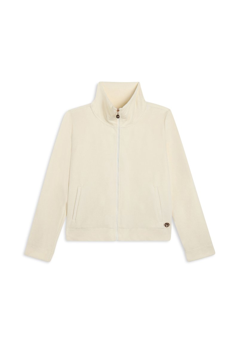 Giacca in fleece color crema con colletto alto, zip frontale, due tasche laterali e logo sulla parte inferiore sinistra. Tessuto morbido, vestibilità rilassata.