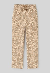 Pantalons imprimés léopard en tissu beige et crème, dotés d'une taille élastique avec cordon de serrage et d'une coupe droite décontractée.