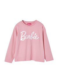 Rosa Langarm-T-Shirt aus Baumwolle mit einem weißen Pailletten-Logo "Barbie" auf der Vorderseite und einem Rundhalsausschnitt.