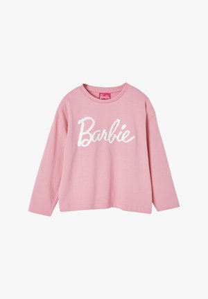 Rosa Langarm-T-Shirt aus Baumwolle mit einem weißen Pailletten-Logo "Barbie" auf der Vorderseite und einem Rundhalsausschnitt.