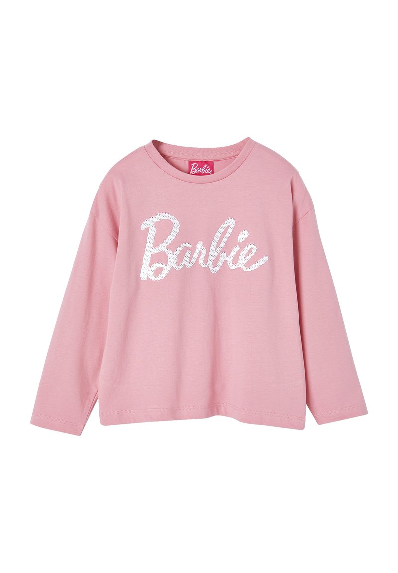 Rosa Langarm-T-Shirt aus Baumwolle mit einem weißen Pailletten-Logo "Barbie" auf der Vorderseite und einem Rundhalsausschnitt.