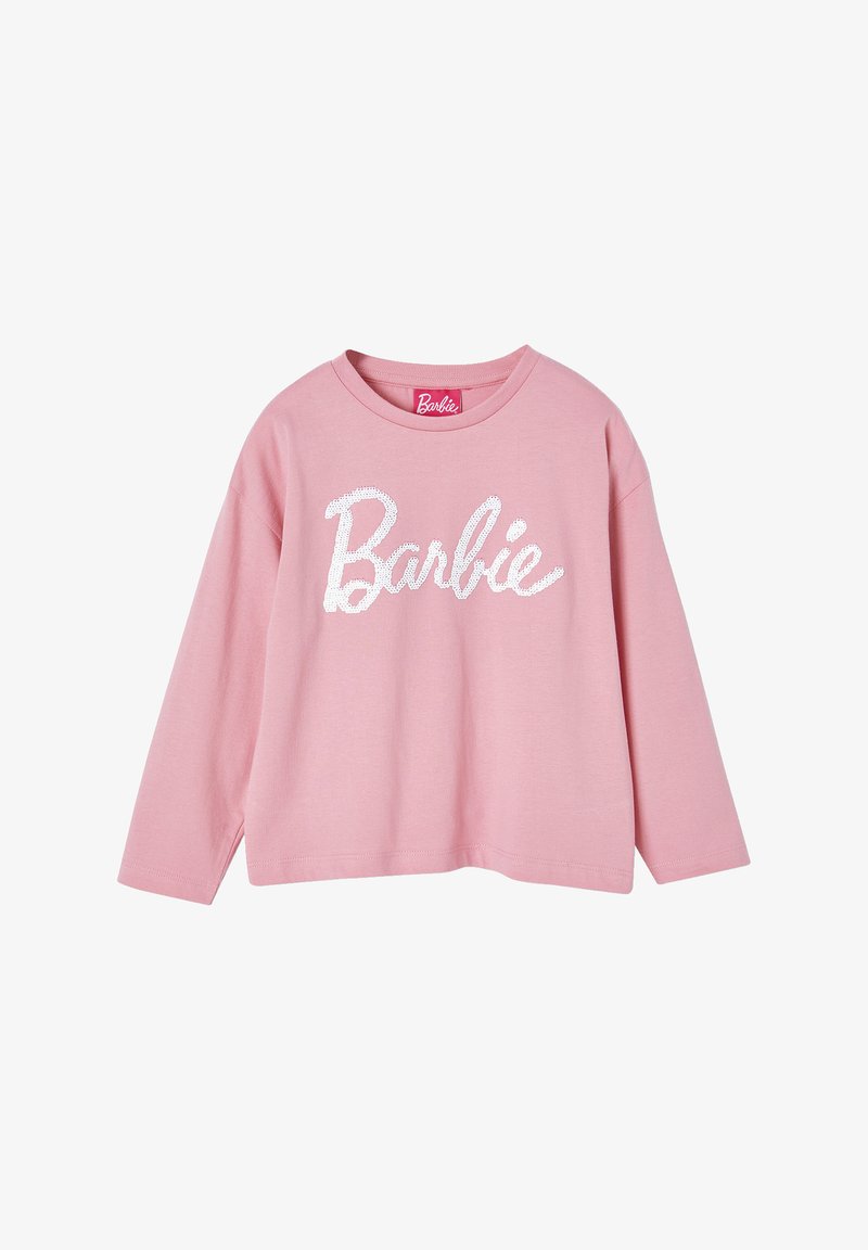 Rosa Langarm-T-Shirt aus Baumwolle mit einem weißen Pailletten-Logo "Barbie" auf der Vorderseite und einem Rundhalsausschnitt.