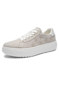 Hellbeiger Sneaker mit weißen Sternmustern, weißen Schnürsenkeln und dicker weißer Sohle, aus front-seitlicher Perspektive gesehen.