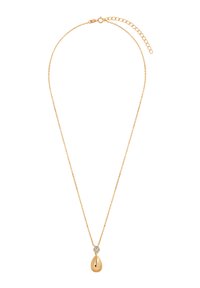 Złota naszyjnik z zawieszką w kształcie kropli, z okrągłym, przezroczystym akcentem kamienia. Łańcuszek ma delikatny, ogniwowy wzór.