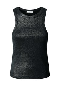 Μαύρο τοπ χωρίς μανίκια, κατασκευασμένο από υφάσμα με λάμψη και υφή. Διαθέτει στρογγυλή λαιμόκοψη και εφαρμοστή γραμμή, κατάλληλο για καθημερινή ή πολυεπίπεδη χρήση.