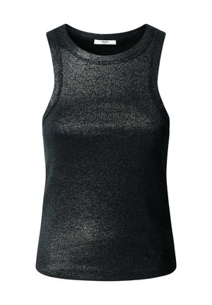 Svart, ermeløs topp laget av et glitrende, teksturert stoff. Har rund hals og en tettsittende passform, egnet for avslappet bruk eller lagvis antrekk.