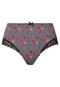 Zwart-wit houndstooth patroon broekje met kleurrijke bloemprints, zwarte kantafwerking langs de randen en een klein zwart strikdetail.