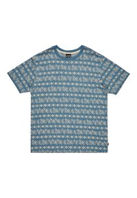 Blue short-sleeve t-shirt featuring a textured floral and geometric pattern in cream. Standard crew neck and small logo patch on the hem.