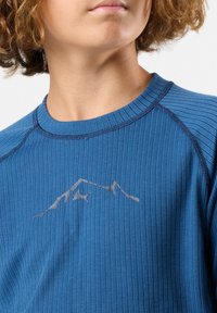 Maglietta sportiva a righe blu con collo rotondo. Presenta un discreto logo di montagna grigio nella zona del petto. Realizzata in materiale leggero.