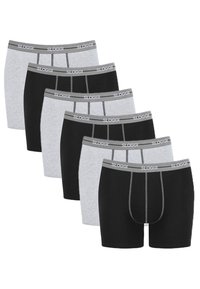 Sechs Paar Boxershorts in Schwarz und Grau, mit einem grauen Bund und sichtbaren Nähten, auf denen die Marke "SLOGGI" zu sehen ist.