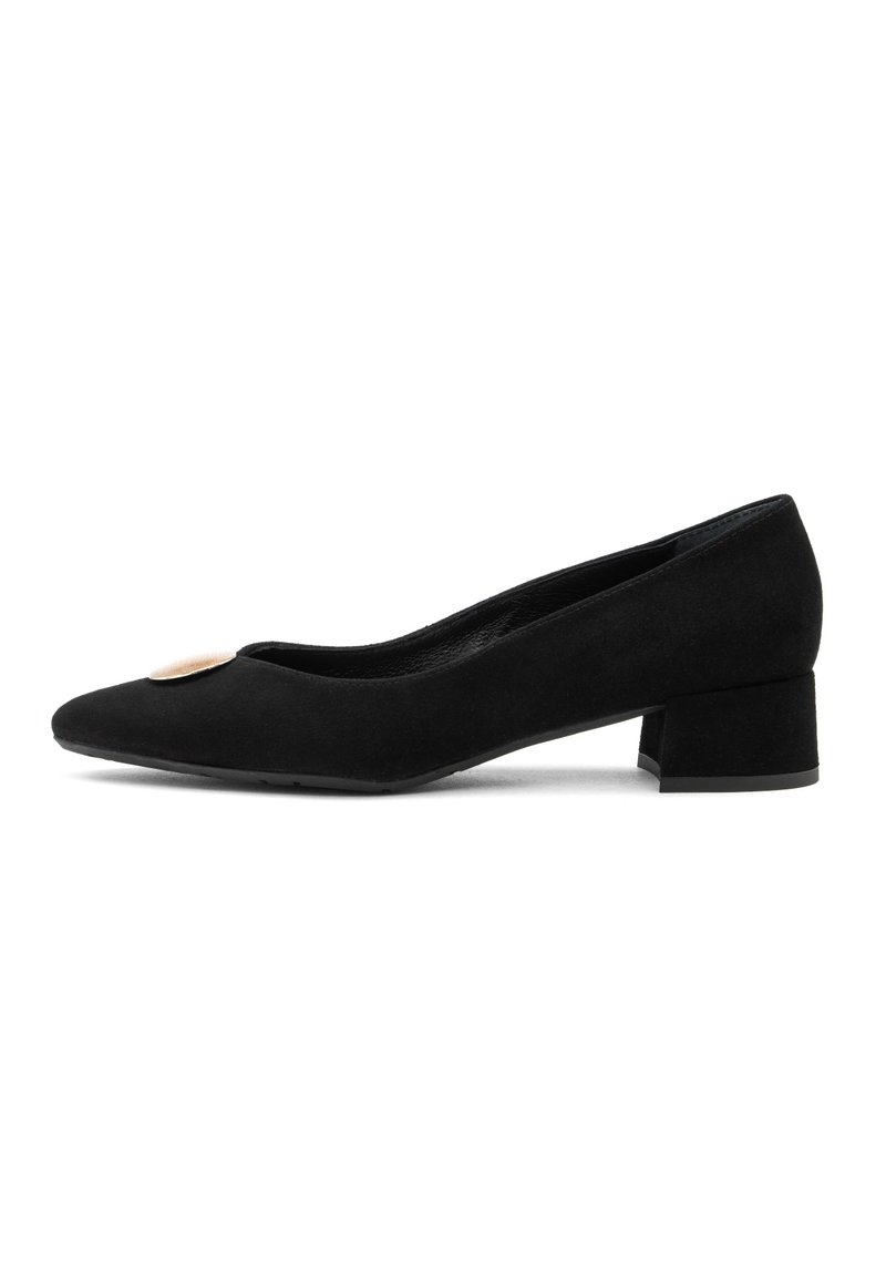 Pumps in camoscio nero a tacco basso quadrato con ornamento circolare dorato sulla punta appuntita.