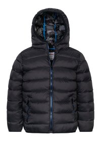 Schwarze Pufferjacke mit Kapuze, die ein horizontales Steppmuster aufweist und blaue Reißverschlussakzente hat. Enthält zwei seitliche Reißverschlusstaschen.