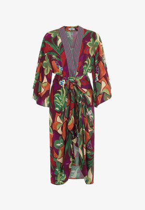 Bata floral en un rico púrpura con patrones en naranja y verde, que cuenta con una cintura ceñida y mangas anchas, fabricada en un tejido ligero.