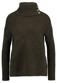 Pull en maille vert olive avec un col montant, texture côtelée et trois boutons sur le col. Manches longues et coupe ample.